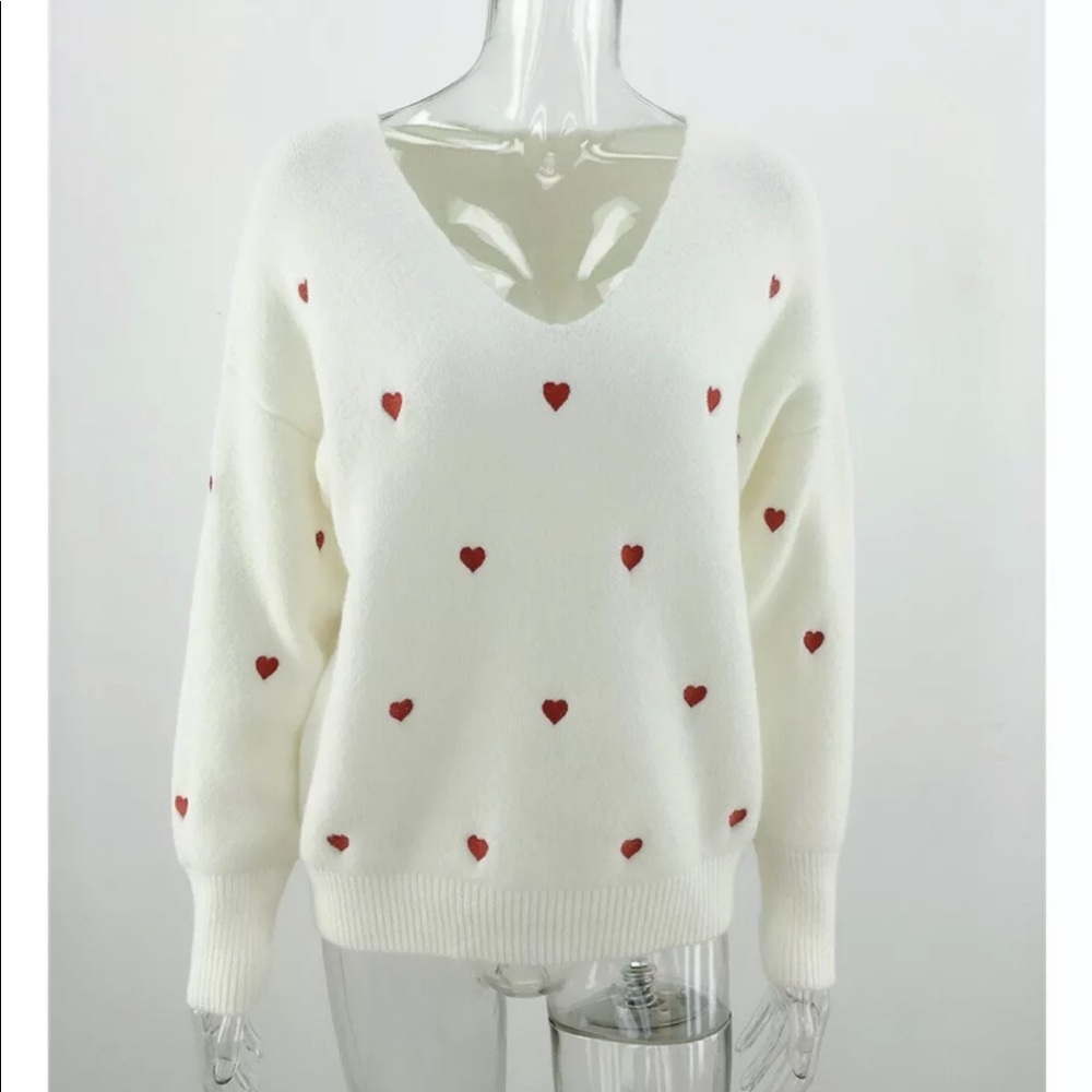 Heart sweater embroidery top womens white long sleeve vneck winter - Picture 3 of 6
